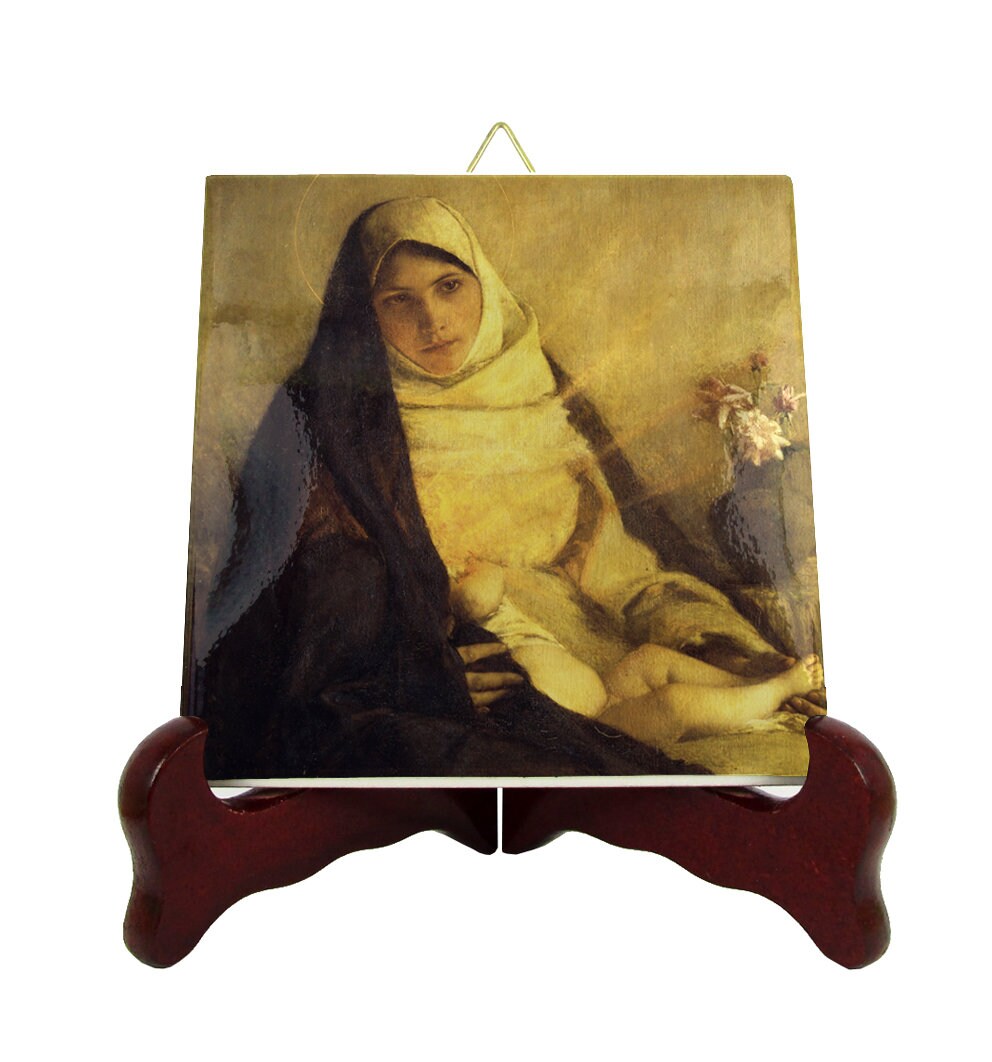 Madonna Of The Roses - Catholic Gifts Religious Icon On Tile Handmade in Italy Virgin & Child Mother Mary Art