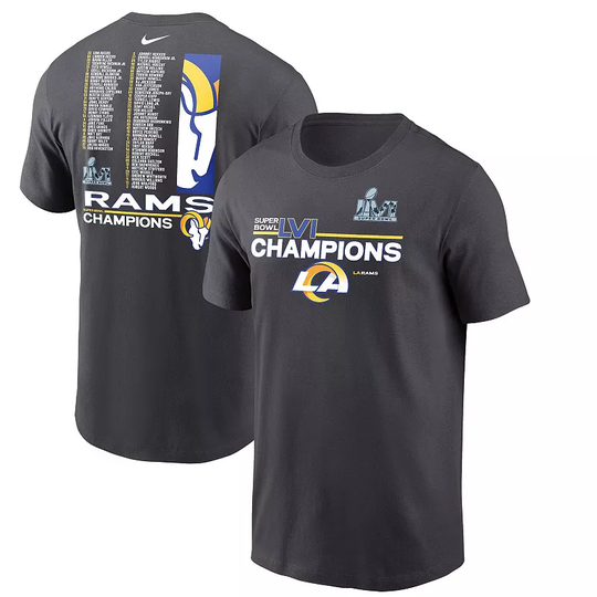 Men's Nike Anthracite Los Angeles Rams Super Bowl LVI Champions Roster T-Shirt, Size: Large, Grey