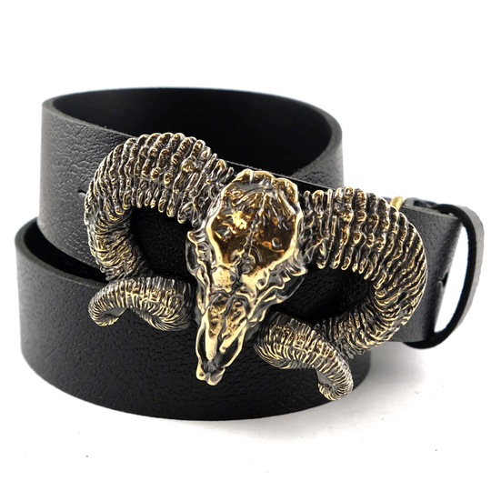 Leather Belt With Ram Skull Solid Brass & German Silver Buckle, Handmade Bighorn Wild West Mouflon Trophy Buckle