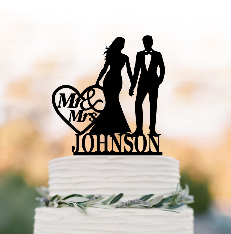 Personalized Wedding Cake Topper Letter, Toppers With Bride & Groom Silhouette, Funny Wedding Cake Toppers Mr Mrs Monogram