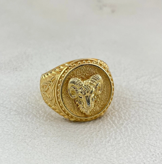 Gold Ram Ring, Signet Rings Head Men Aries Womens Wedding Gift Animal Jewellry