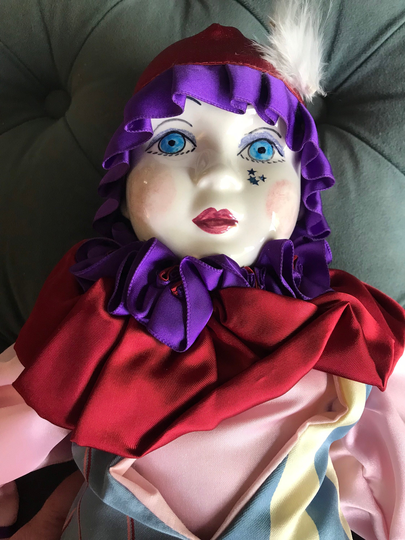 Creaciones Carmina Porcelain Doll Spain 24" Clown Pierrot Satin Vintage 80S