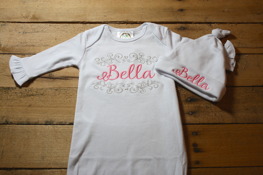 Personalized Baby Gown Hat Bib Burp Cloth Set Monogrammed Customized Shower Coming Take Home Outfit Buffalo Plaid