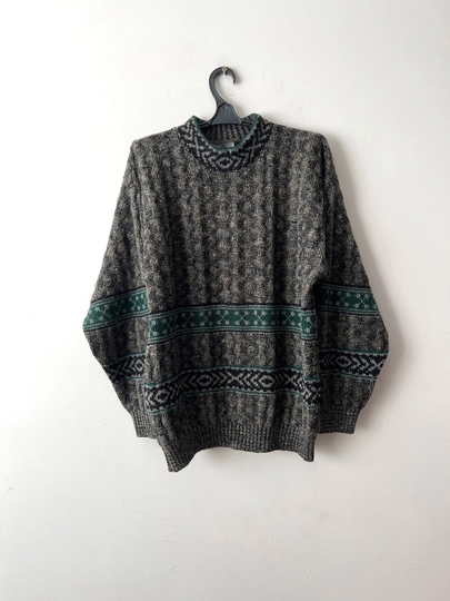 Vintage Wool Blend Mens Sweater 90S Gentleman's Grey Patterned Warm Grandpa Formal Jumper Size Large