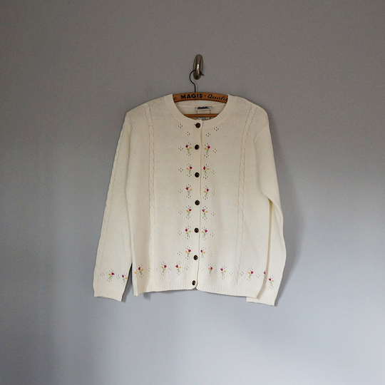 Vintage 80's White Eyelet Cardigan With Floral Embroidery // Size S/M