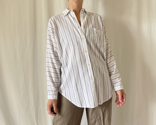 1980S Striped Linen & Cotton Blend Soft Lived in Tunic Length Oxford Shirt