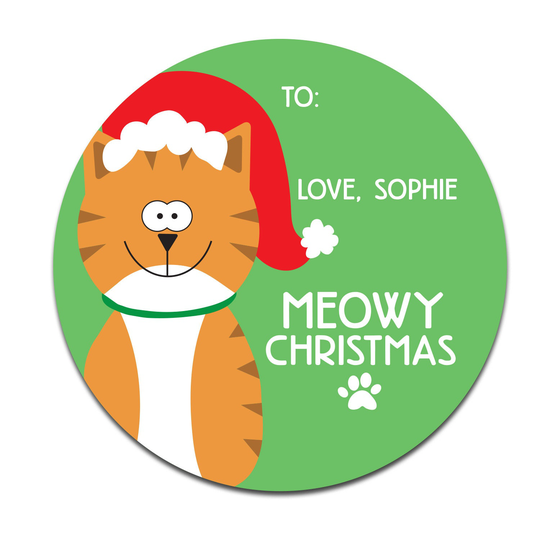 Meowy Christmas Personalized Holiday Stickers, Cat Santa Cat, Custom Tags