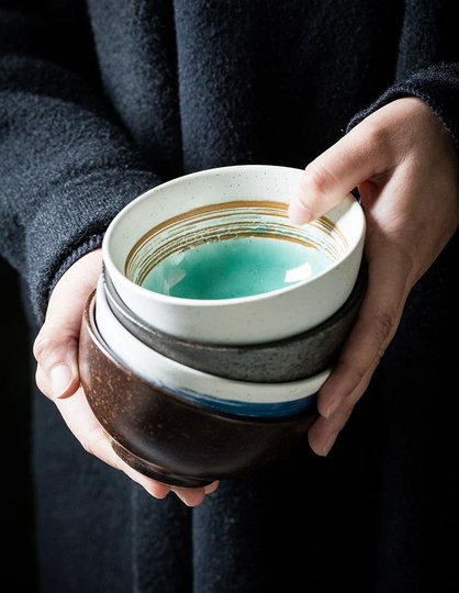 Japanese Style Elegant Ceramic Rice Bowl-Retro Pottery Ice-Cream Bowl-Japandi Stoneware Soup Bowl-Rustic Tableware