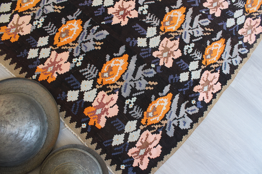 5'x7' Ft, Vintage Floral Kilim, Black Karabagh Kilim Ethnic Rug/N-909 4'6"x6'7" Feet