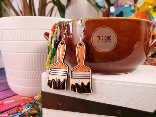 Paint It Black. Paintbrush Earrings. Laser Engraved Handpainted Wood Artist