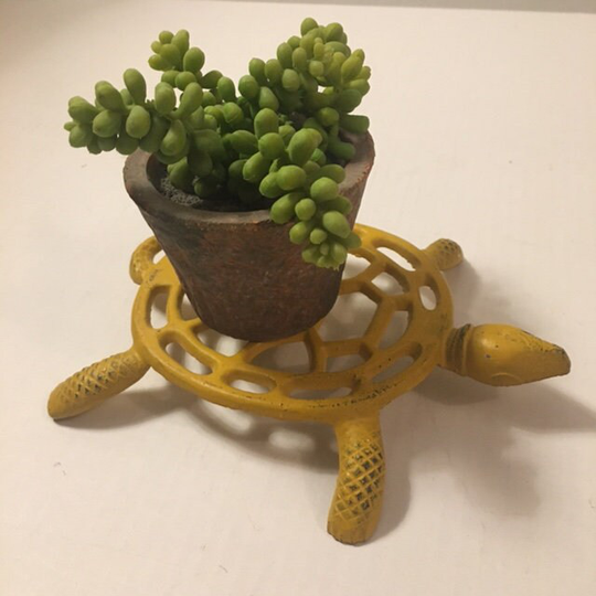 Vintage Cast Iron Sea Turtle Trivet Bright Yellow Hot Plant Stand Decor Metal 1980S