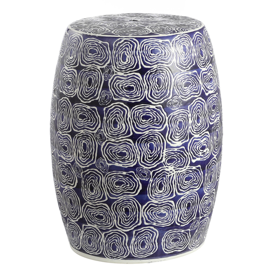 Navy and White Ceramic Olean Outdoor Patio Accent Stool: Blue/White by World Market