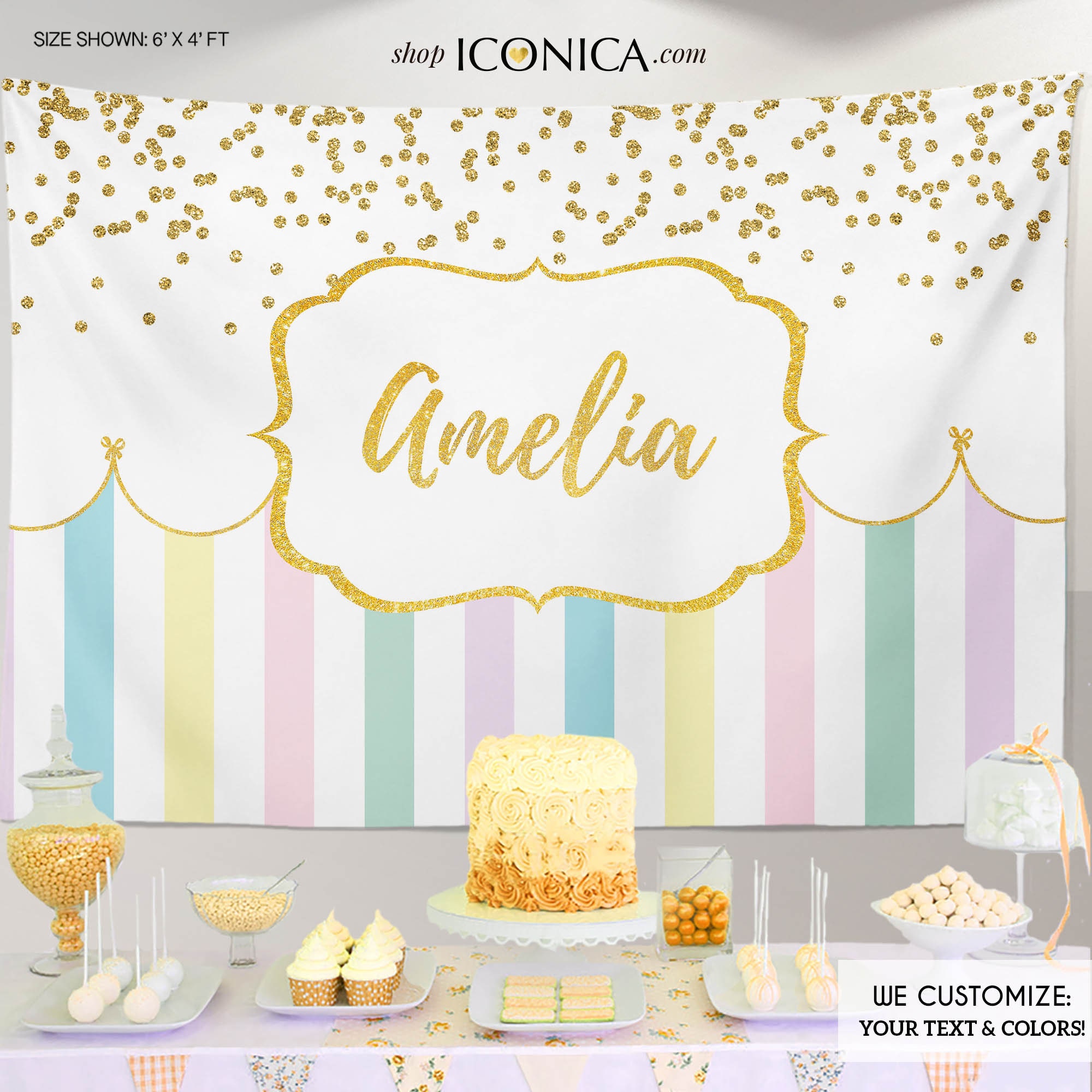 Virtual Baby Shower Girl First Birthday Party Backdrop, Any Wording Girls Banner Circus Pastel Colors Printed Or Printable