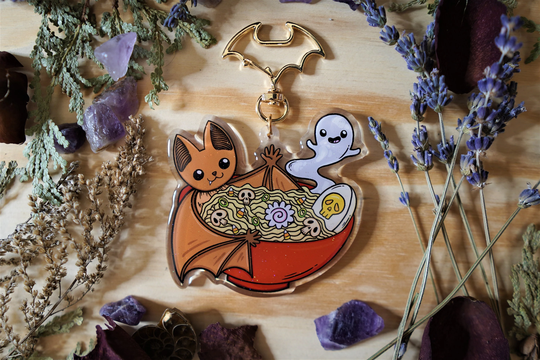 Discounted Sparkly Acrylic Ramen Bat Bowl Keychain/ B Grade/ Ramen/ Art/ Kawaii Kawaii/