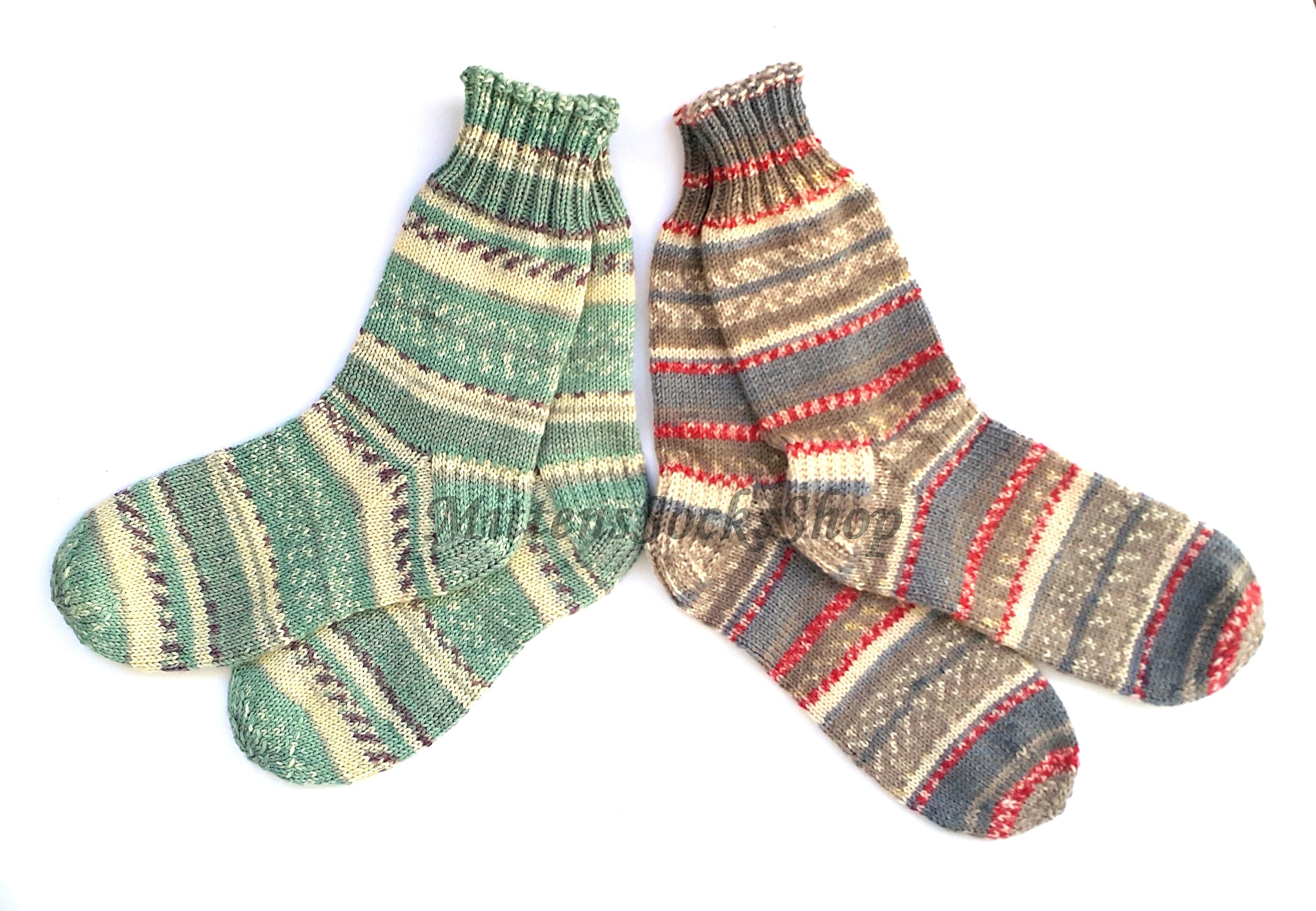 Hand Knitted Gray White Red Socks Women's Girl's Men's Striped From Sock Yarn Gift For Her Him