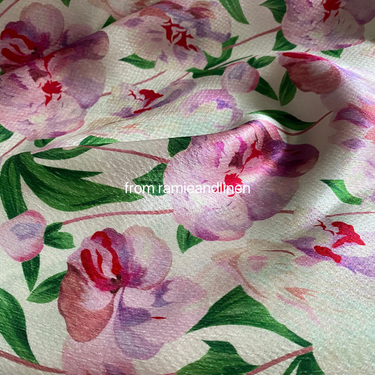 Silk Fabric, Digital Print, Pink Flowers Special Texture Cotton Blend Elastic Satin 23M/M, Half Yard By 54" Wide