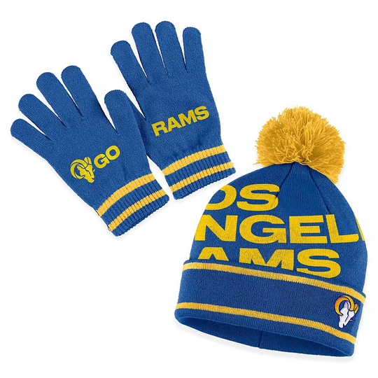 Women's WEAR by Erin Andrews Royal Los Angeles Rams Double Jacquard Cuffed Knit Hat with Pom and Gloves Set, Blue