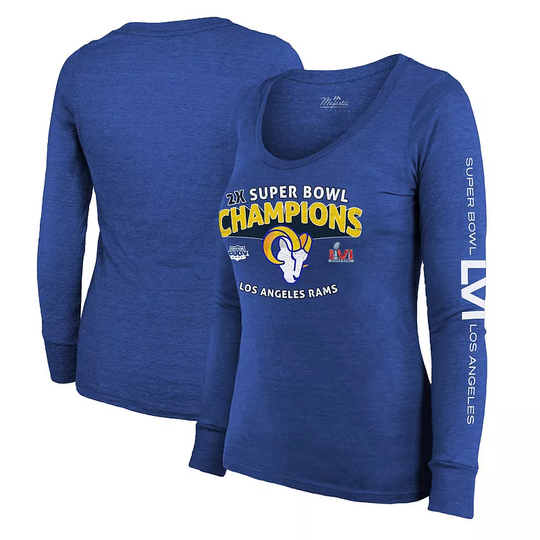 Women's Majestic Threads Heathered Royal Los Angeles Rams 2-Time Super Bowl Champions Sky High Tri-Blend Long Sleeve Scoop Neck T-Shirt, Size: Large,