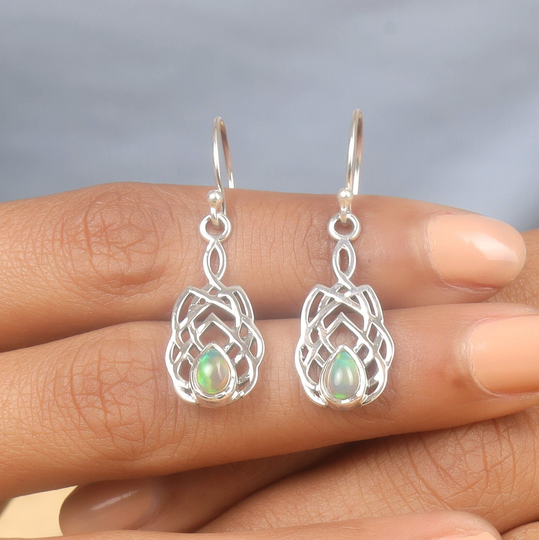 Natural Ethiopian Opal Earrings, 925 Sterling Silver Designer Handmade Boho Dangle Drop Gift For Her