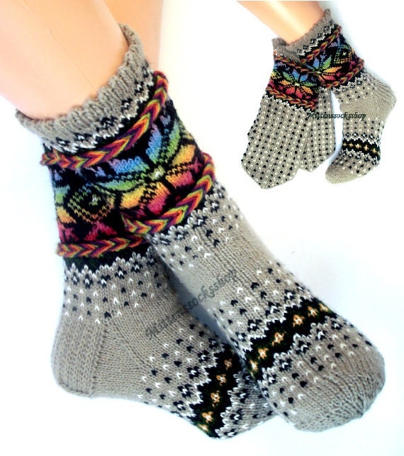 Gray Rainbow Wool Socks Hand Knitted Warm Natural Star Pattern Background Women's Men's