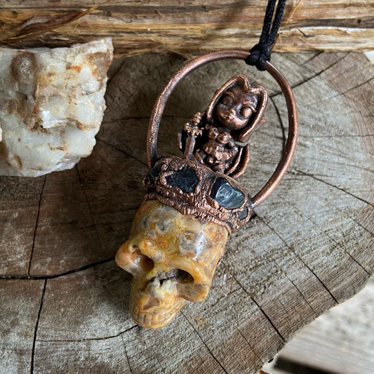 Giant Slayer Pendant Copper & Crazy Lace Agate With Iolite Elf Warrior Skull Necklace