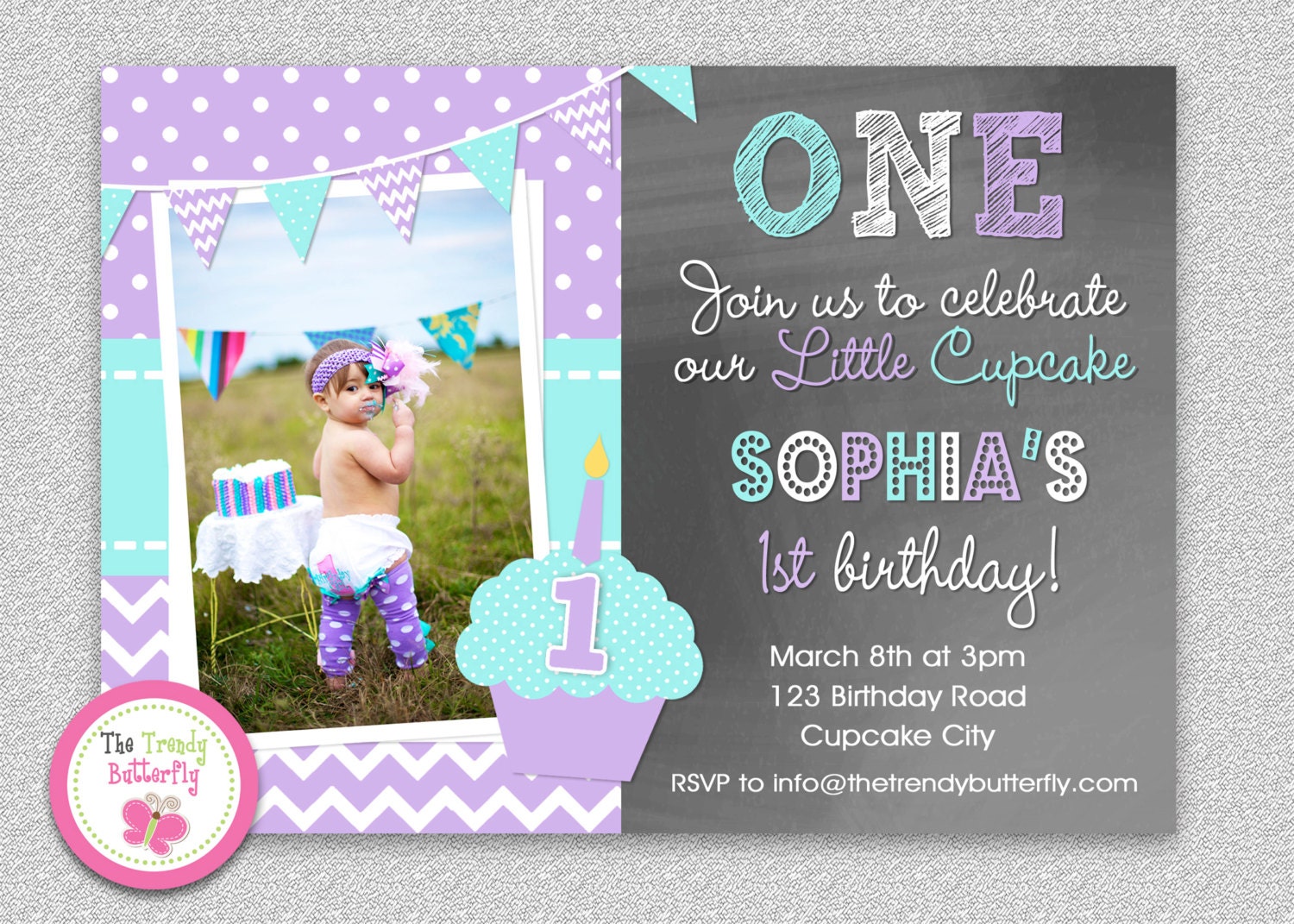 Girls Cupcake Birthday Invitation , 1st Invitation, Photo Chalkboard