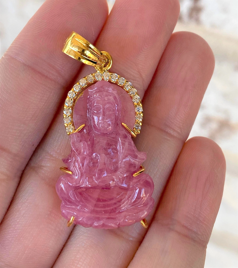 Vintage 18K Solid Yellow Gold 39.5Cts Natural Ruby, White Topaz Quan Yin Buddha Pendant