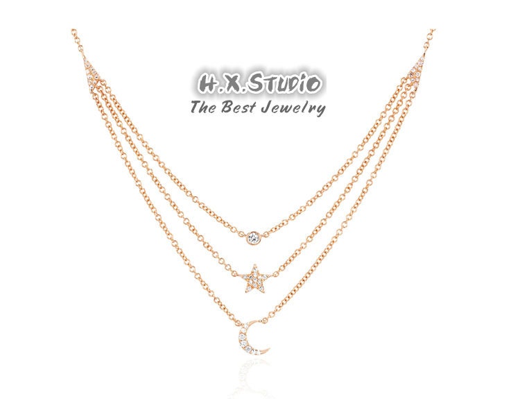 Diamond Star & Moon Charm Multi-Layered Necklace in Solid 18K Gold/3 Strand Layering Necklaces/Custom Jewelry/Gift For Women Girls