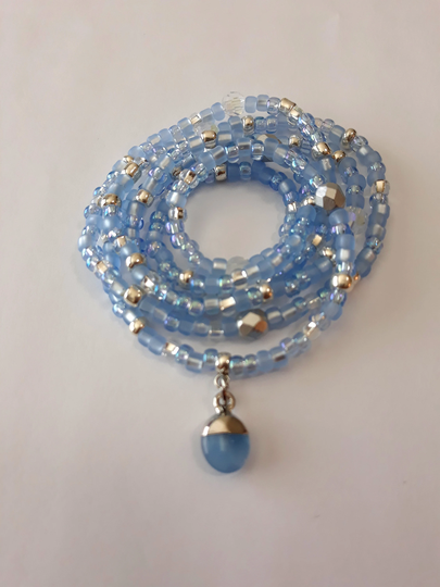 Pale Blue & Silver Waist Beads With Jade Gemstone Drop, Stretch, Crystal Waist Beads, Weight Loss Tracker, Body Jewelry