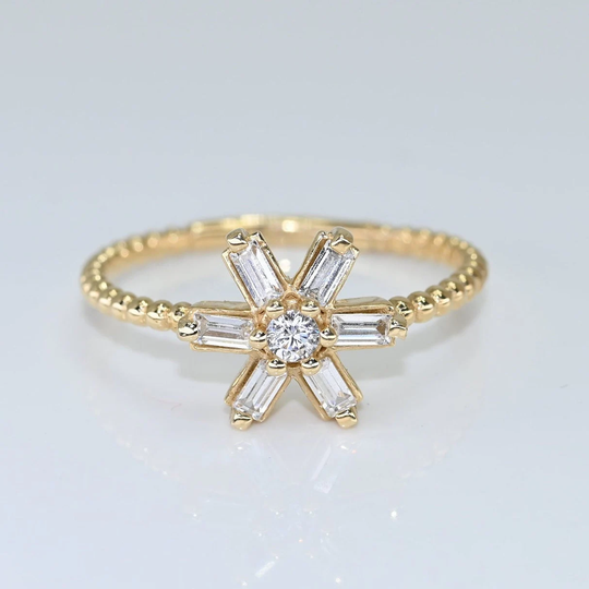 14K Solid Gold Floral Ring/Real Design Unique With Beaded Band Handmade Fine Jewelry By Selanica