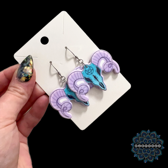 Pastel Goth Halloween Ram Skull Pentagram Dangle Earrings