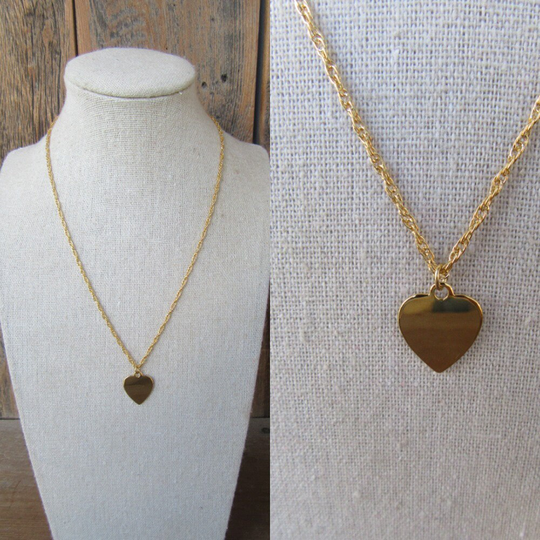80S 90S Dainty Gold Chain Heart Necklace | Tone Charm 16" Minimal