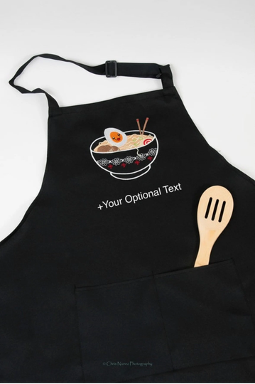 Ramen Embroidery, Adjustable Bib Apron For Women, Men, Kitchen Aprons With 3 Pockets Chef, Bbq, Artist, Personalized, Customizable