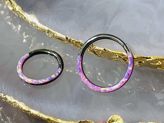 16G Black & Pink Opal Inlay Hinged Septum Clicker Ring. Piercing. Nose Body Jewelry