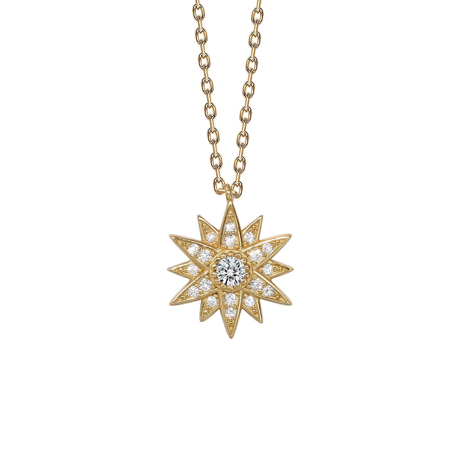 Sterling Silver Gold North Star Necklace With Cubic Zirconia Polaris Compass Starburst