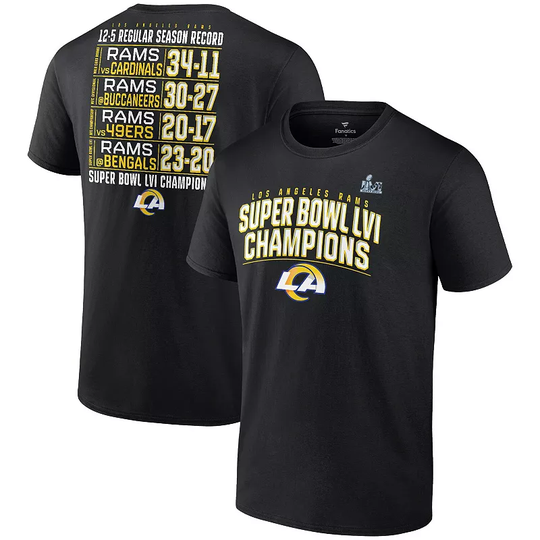 Men's Fanatics Branded Black Los Angeles Rams Super Bowl LVI Champions Schedule T-Shirt, Size: Medium