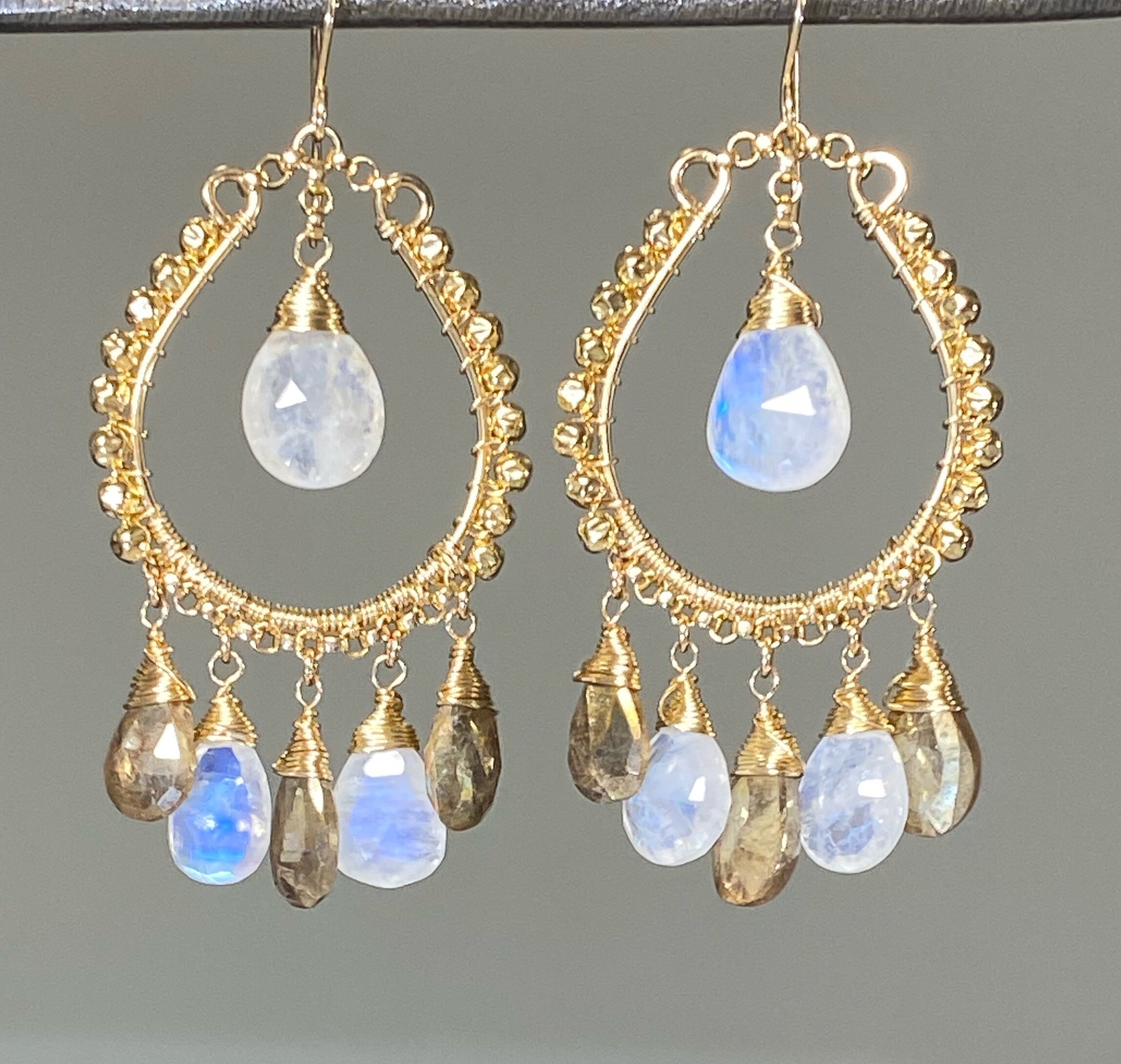 statement Earrings, Gemstone Chandelier Moonstone Large Gold Labradorite Hoop Anniversary Gift For Girlfriend