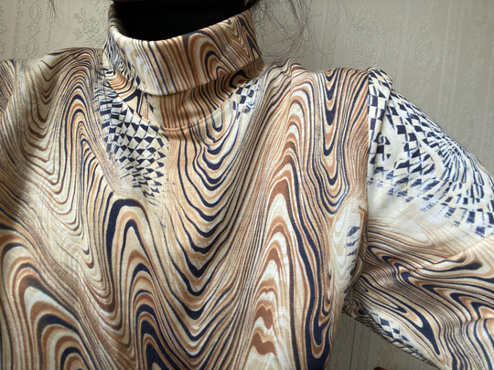 Vintage Crazy Pattern Wool Blend High Neck Long Sleeve Top/ Blouse/ Xxl - 3Xl