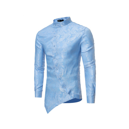 Men's Shirt Long Sleeves Printed Turtleneck Cotton Blended With Dark PatternAsymmertric Length Hip Hop Causual Homme Clothing - light blue, xxl