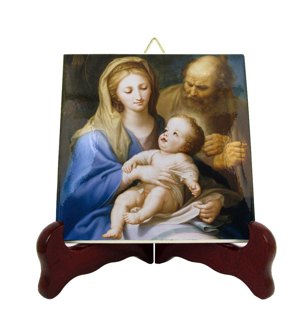 Religious Art - The Holy Family Catholic Icon On Ceramic Tile Gift Idea Catholic Handmade Gifts Plaque Holy