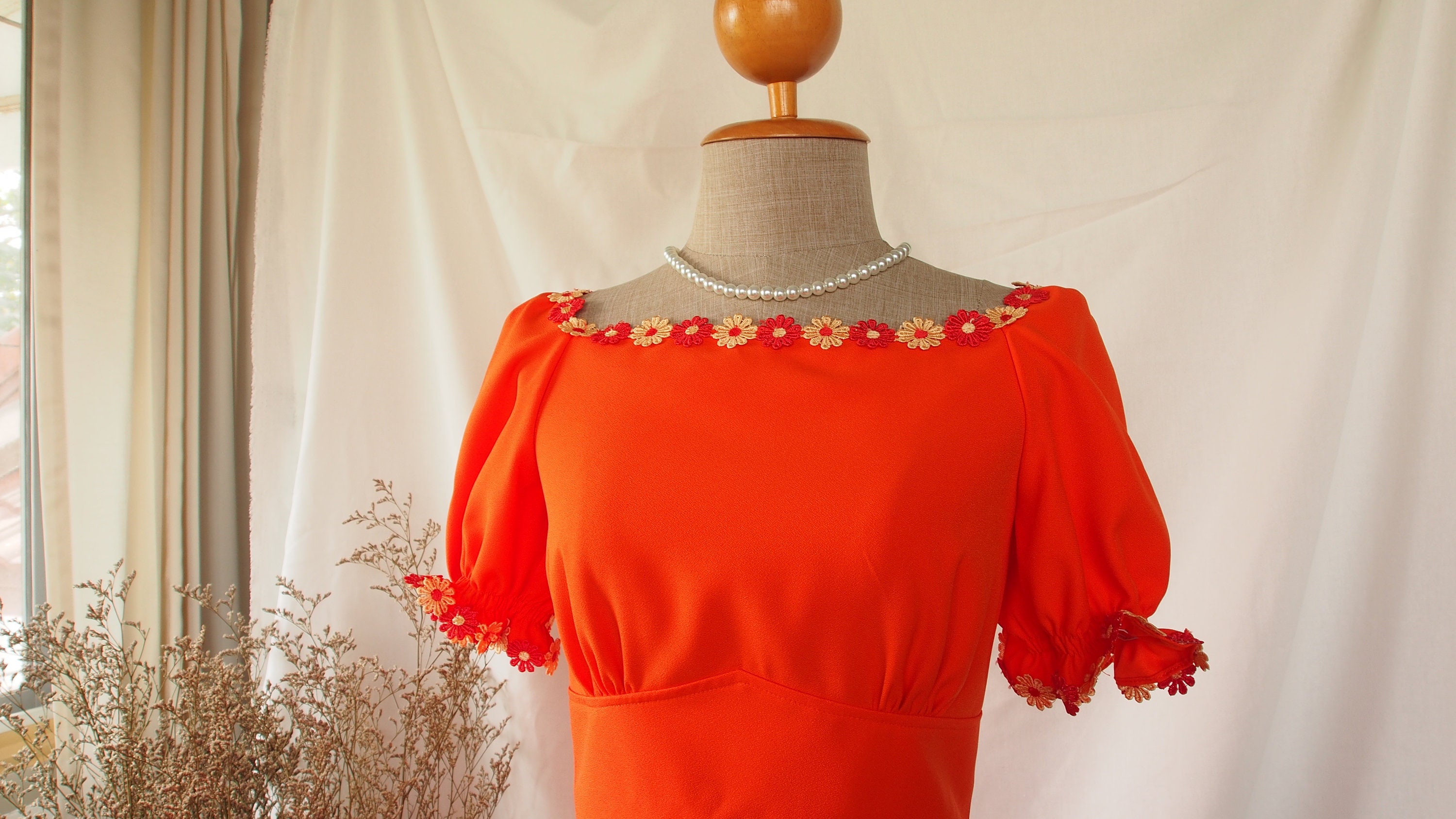 Orange Summer Dress Floral Lace Puff Sleeve Dolly Vintage Sundress Bridesmaid Fit & Flare Swing Dance Tangerine Party