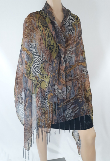 Women's Wrap Scarf 80's Large Semi Sheer Earth Tones Safari African Animal Print Fringed Classic Like New Excellent Condition Vintage