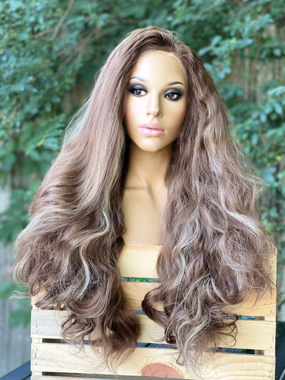 Human Hair Blend Wig Brown Curly Blonde Highlights 13x3" Swiss Lace Front Wig, Hd Free Parting 22"