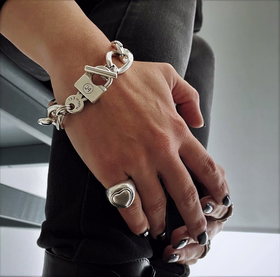 Oversized Thick Chain Womens Padlock Bracelet| Chunky Key-Lock Cuban Link Edgy Style Silver Curb Cuff Bracelet