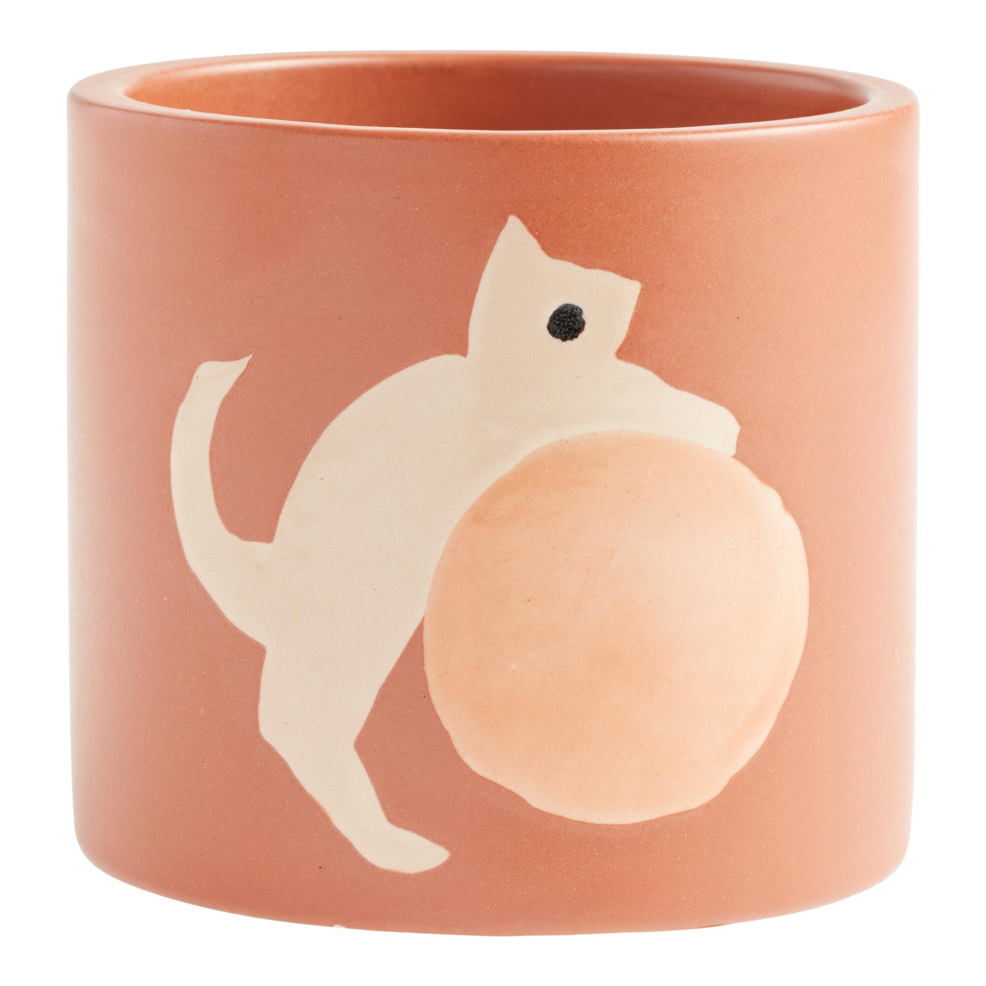 Terracotta And Pink Ceramic Cat Planter: Orange/Multi by World Market