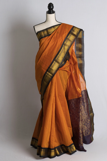 Blended Cotton Gadwal Saree in Rusty Brown & Wine