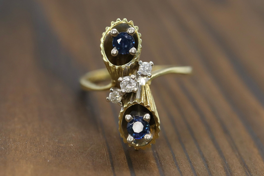 14K Sapphire Diamond Bypass Ring. Flower Cones Vine Cluster Ring
