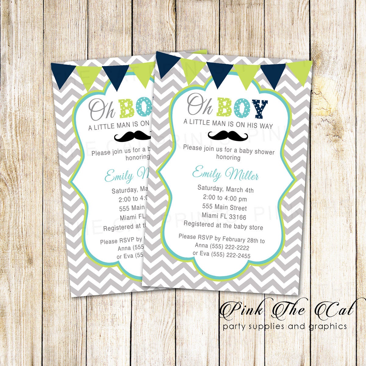 Mustache Baby Shower Invitation Oh Boy Little Man Blue Green Personalized Printable Invite
