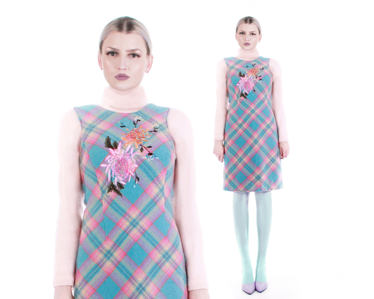 Pastel Plaid Embroidered Wool Blend Sleeveless Jumper Dress Size 6/Small