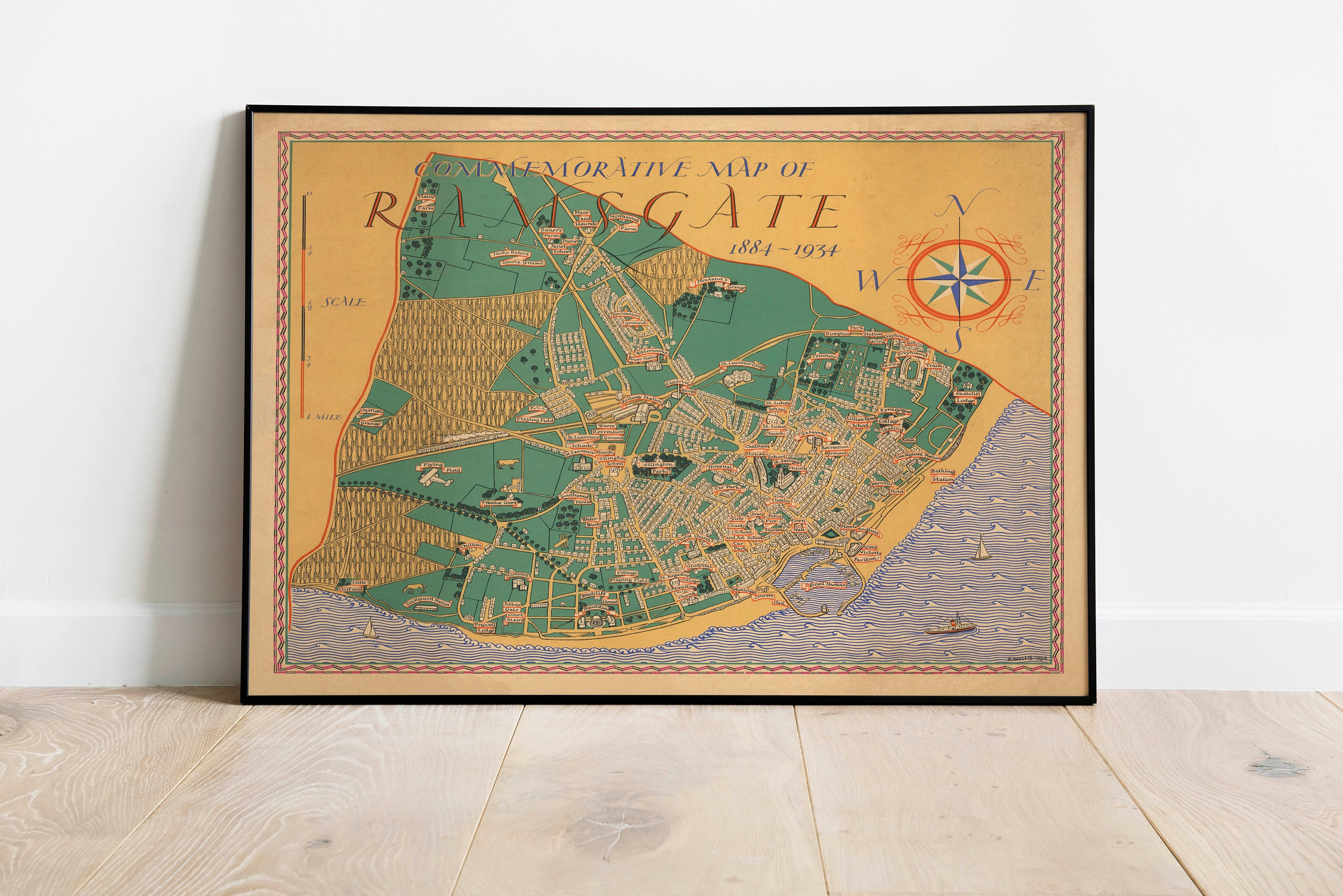 Ramsgate Map Print| Art History| 1934 Wall Art| Framed Canvas Poster Prints City